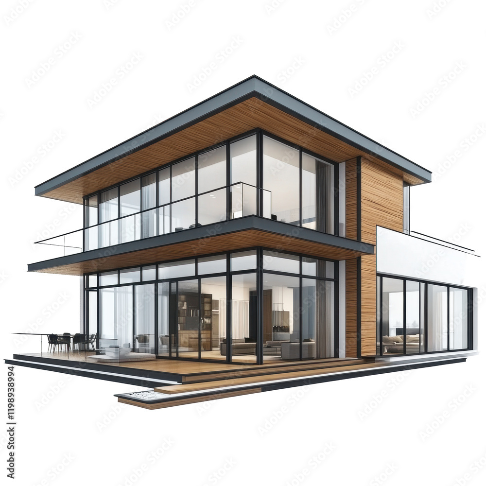 Fototapeta premium Modern Architectural Design Showcasing a Sleek and Stylish Two-Story House with Large Windows and Open Spaces