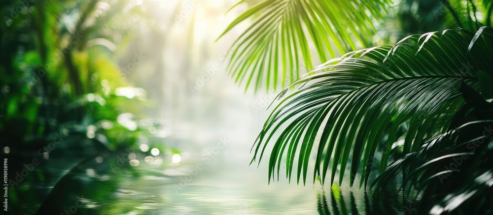 Fototapeta premium Lush tropical rainforest with palm leaves and soft sunlight filtering through trees, hazy atmosphere, and calm water reflection, Copy Space