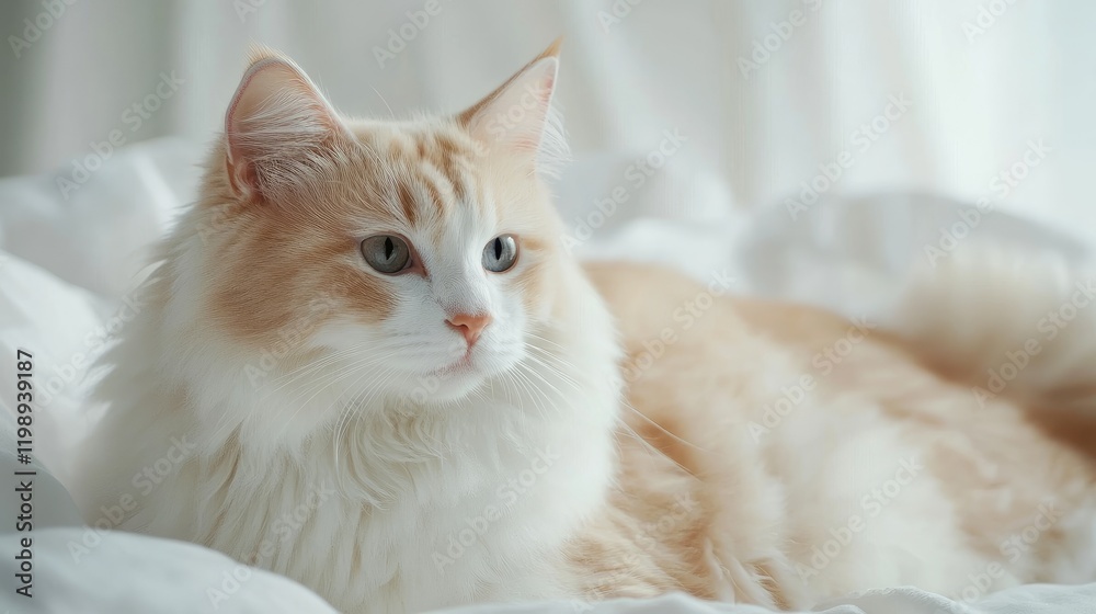Fluffy orange and white cat portrait against soft light background with serene expression, perfect for text overlay and cozy home atmosphere. Fluffy orange and white cat portrait against soft light background with serene expression, perfect for text overlay and cozy home atmosphere.