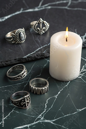 Gothic style silver rings collection with candle on marble background for jewelry design. photo