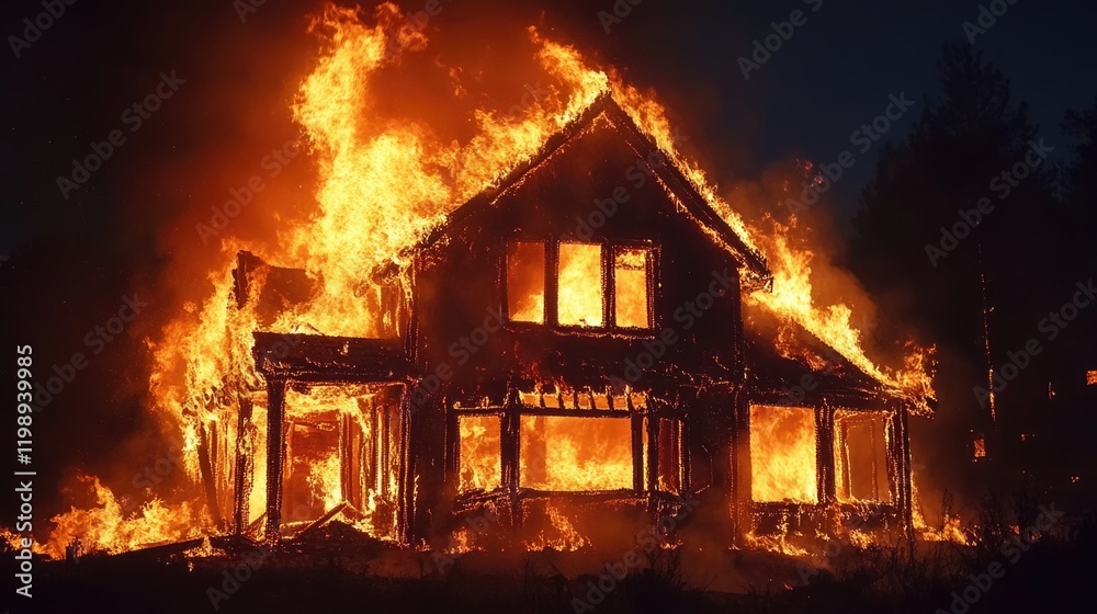House engulfed in flames during a fire emergency with bright flames and smoke at night Copy Space House engulfed in flames during a fire emergency with bright flames and smoke at night Copy Space