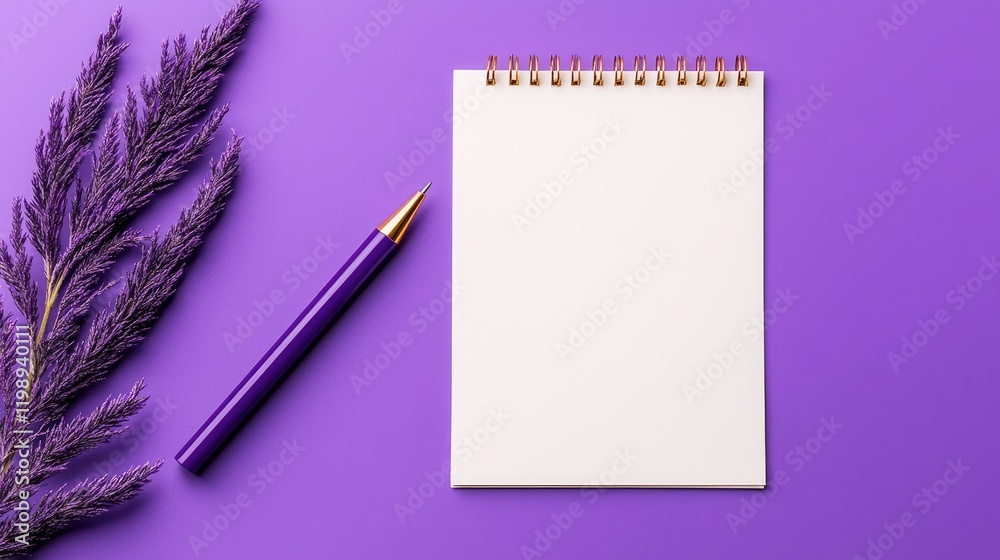 A blank notebook with a purple pen on a purple background. A blank notebook with a purple pen on a purple background.
