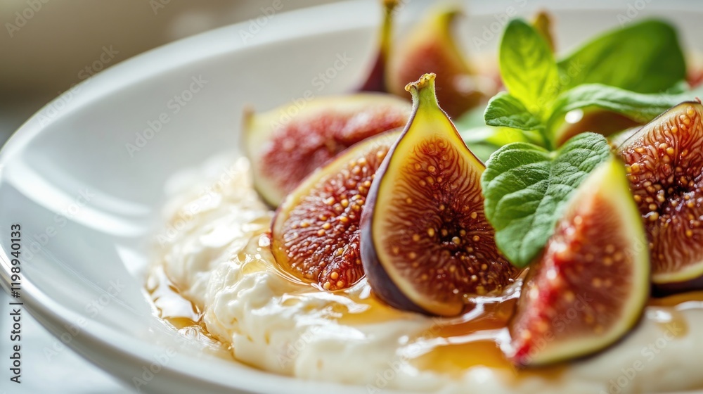 Fresh figs on creamy yogurt with honey drizzle and mint leaves in a white bowl Copy Space Fresh figs on creamy yogurt with honey drizzle and mint leaves in a white bowl Copy Space