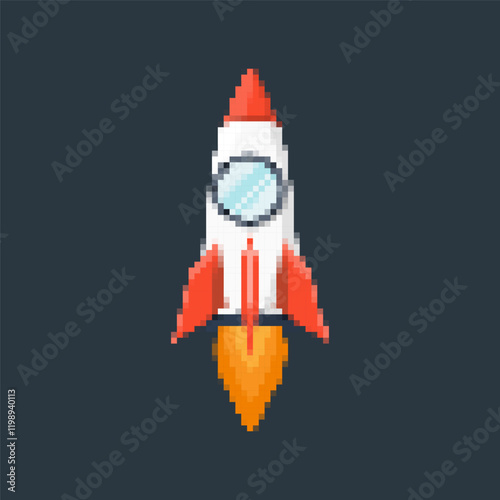 Pixel art rocket with fiery trails, retro games, space-themed designs, apps, or animations. 8-bit style for technology, sci-fi, and futuristic creative projects. Vector illustration