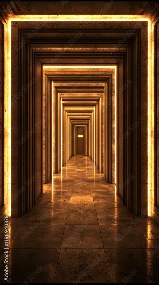 Fototapeta premium Illuminated corridor with golden accents.