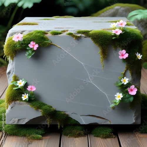 Enchanting Moss and Flower Stone Podium in Realistic Style photo