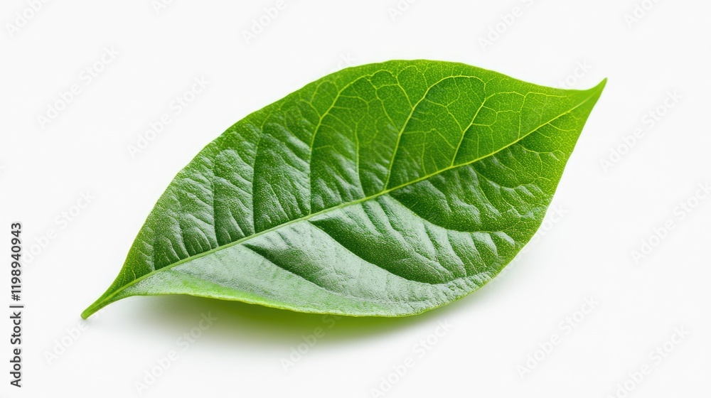 Fototapeta premium Green leaf with detailed texture on white background Copy Space