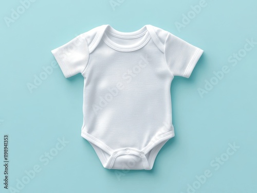 Adorable White Baby Onesie on Light Blue Background: A Newborn Clothing Item photo