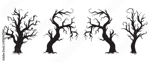 Silhouettes of eerie black trees for Halloween, including ghostly trees with sinister. Collection of hand drawn, barren tree silhouettes, perfect for Halloween card decorations. eps file