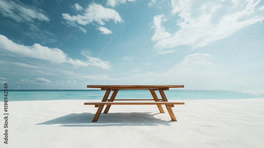 Victorian wooden picnic table on a sandy beach with ocean view and blue sky Copy Space