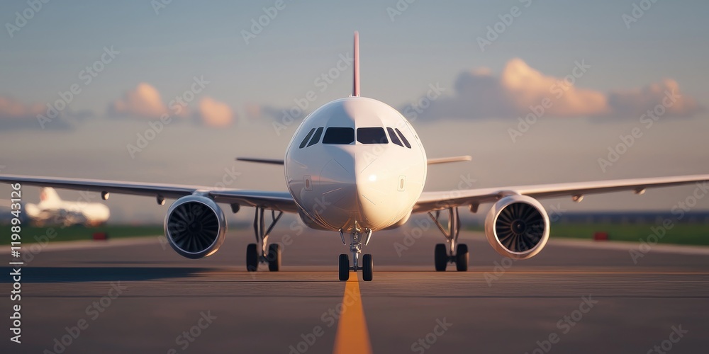 A front view of an airplane ready for takeoff on a runway. A front view of an airplane ready for takeoff on a runway.