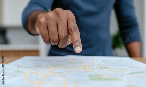 A hand gestures on a map, symbolizing navigation and exploration.