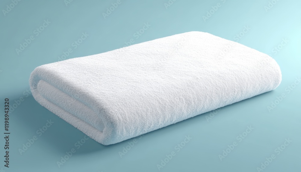Soft White Bath Towel Folded on Light Blue Background Cleanliness and Freshness Concept