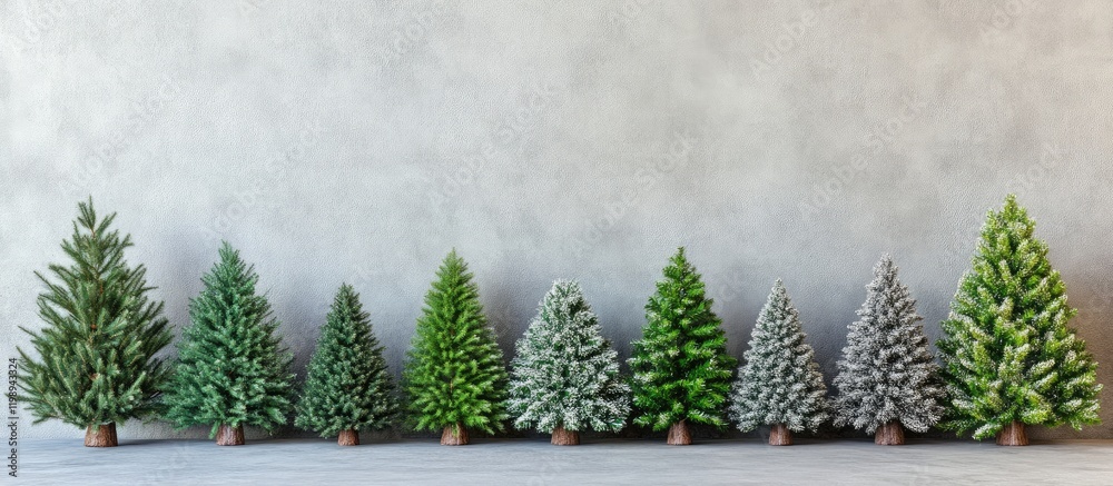 Fototapeta premium Decorative Row of Classic Christmas Trees in Various Shades of Green and Frosted White Set Against a Neutral Gray Background for Holiday Themed Design