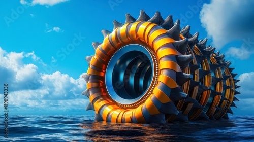 Futuristic Abstract Design of a Large Spiked Roller in Ocean Water photo