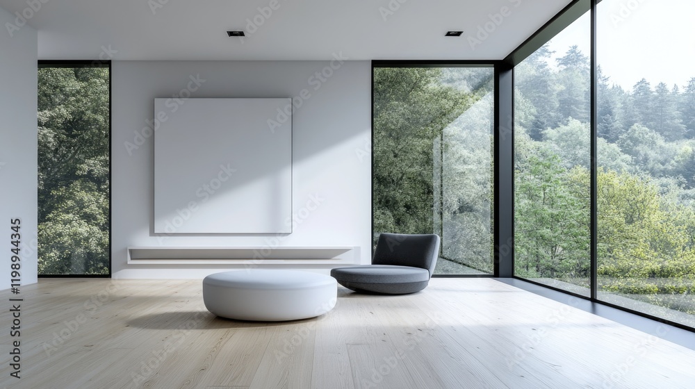 Fototapeta premium Modern minimalist living room with large windows overlooking nature and ample copy space for text placement.