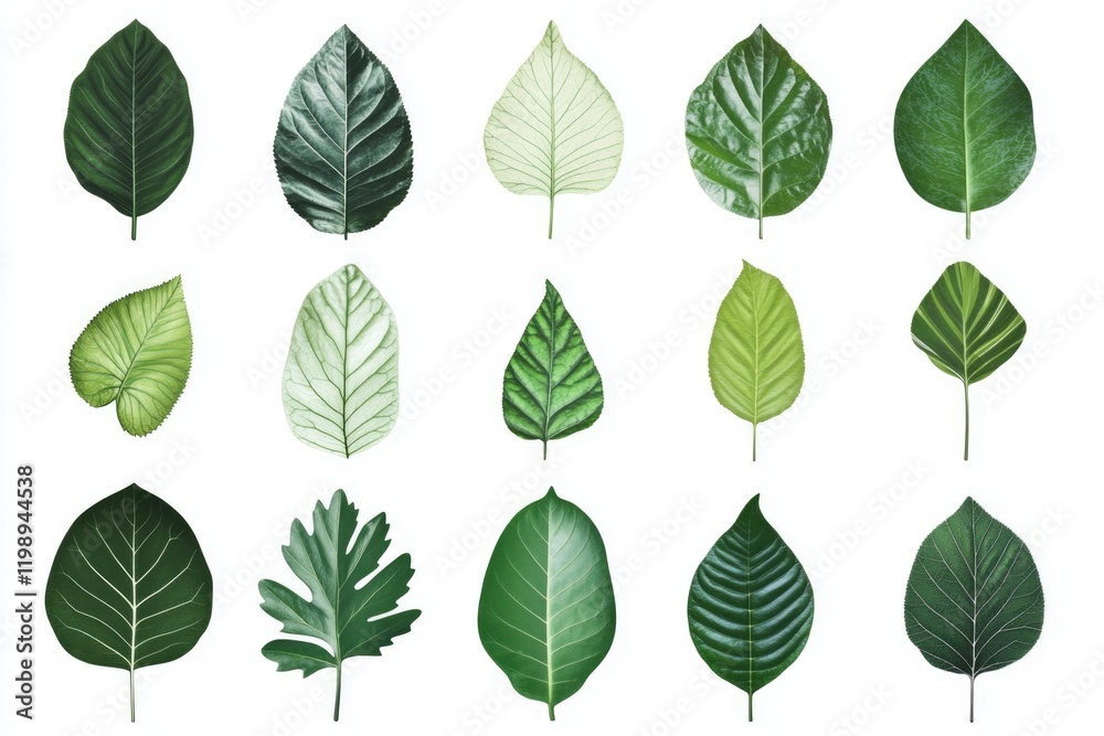 Obraz premium A selection of different leaf shapes and colors on a plain white surface