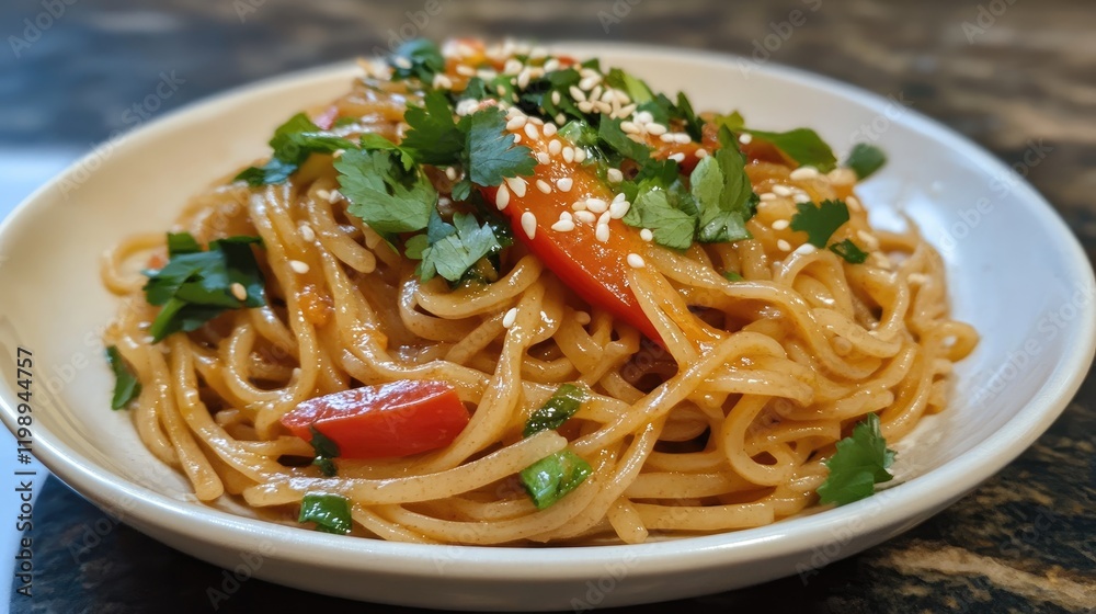 Plate of stir-fried noodles with vegetables and sesame garnish on a white dish with Copy Space for text Plate of stir-fried noodles with vegetables and sesame garnish on a white dish with Copy Space for text