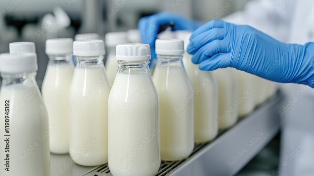 A worker in a lab coats handling fresh milk bottles on a conveyor. A worker in a lab coats handling fresh milk bottles on a conveyor.