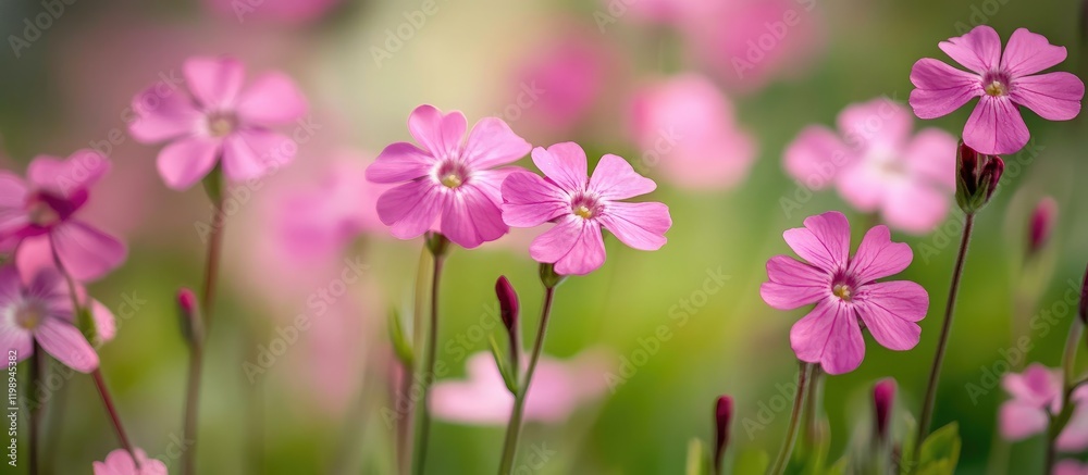 Obraz premium Delicate pink spring wildflowers in macro detail set against a soft green blurred background with ample space for text overlay.
