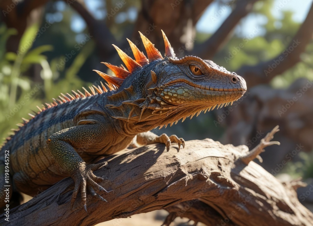 Fototapeta premium A large spiky lizard rests on a horizontal branch, soaking up the sun's rays, sunlit, nature