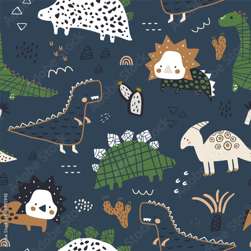 Seamless childish dino pattern. Cute dinosaurs cartoon characters texture. Hand drawn dino design navy blue. Vector illustration