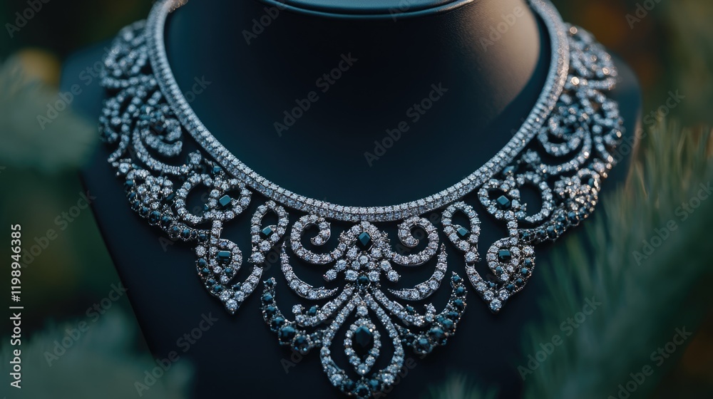 Obraz premium Elegant diamond necklace on black display against greenery with soft focus and Copy Space for text placement