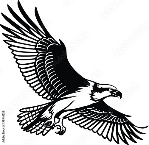 Soaring Hawk Silhouette - A bold black and white silhouette of a osprey in flight showcasing its expansive wingspan