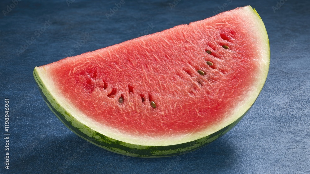 Freshly cut watermelon slice on a blue textured surface with visible seeds and flesh detail Copy Space Freshly cut watermelon slice on a blue textured surface with visible seeds and flesh detail Copy Space