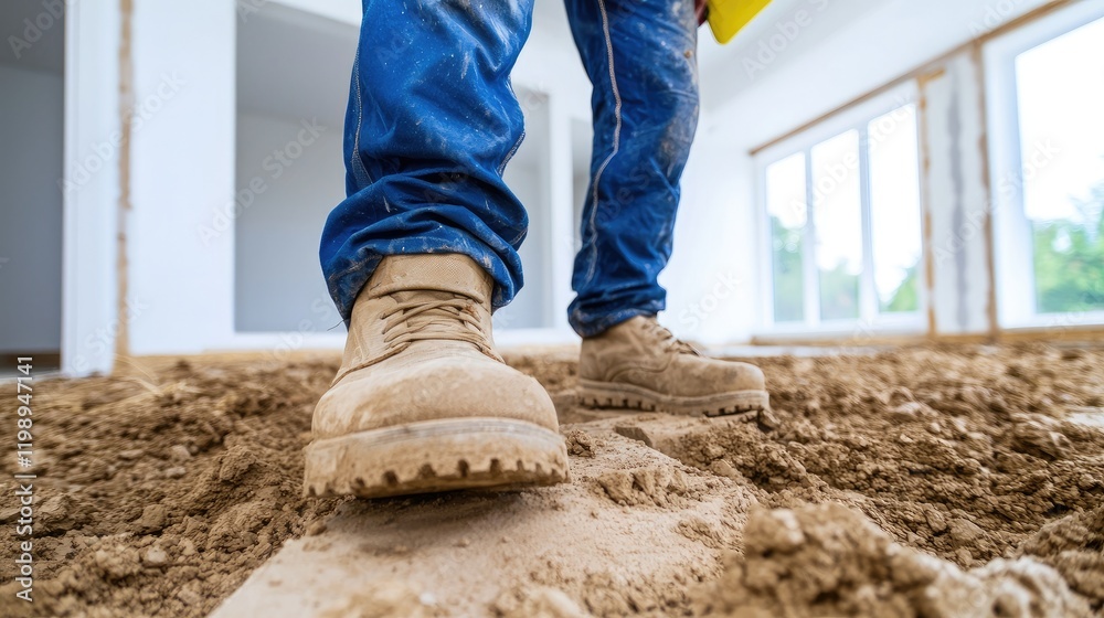 Close-up of construction worker's boots on site during renovation. Close-up of construction worker's boots on site during renovation.