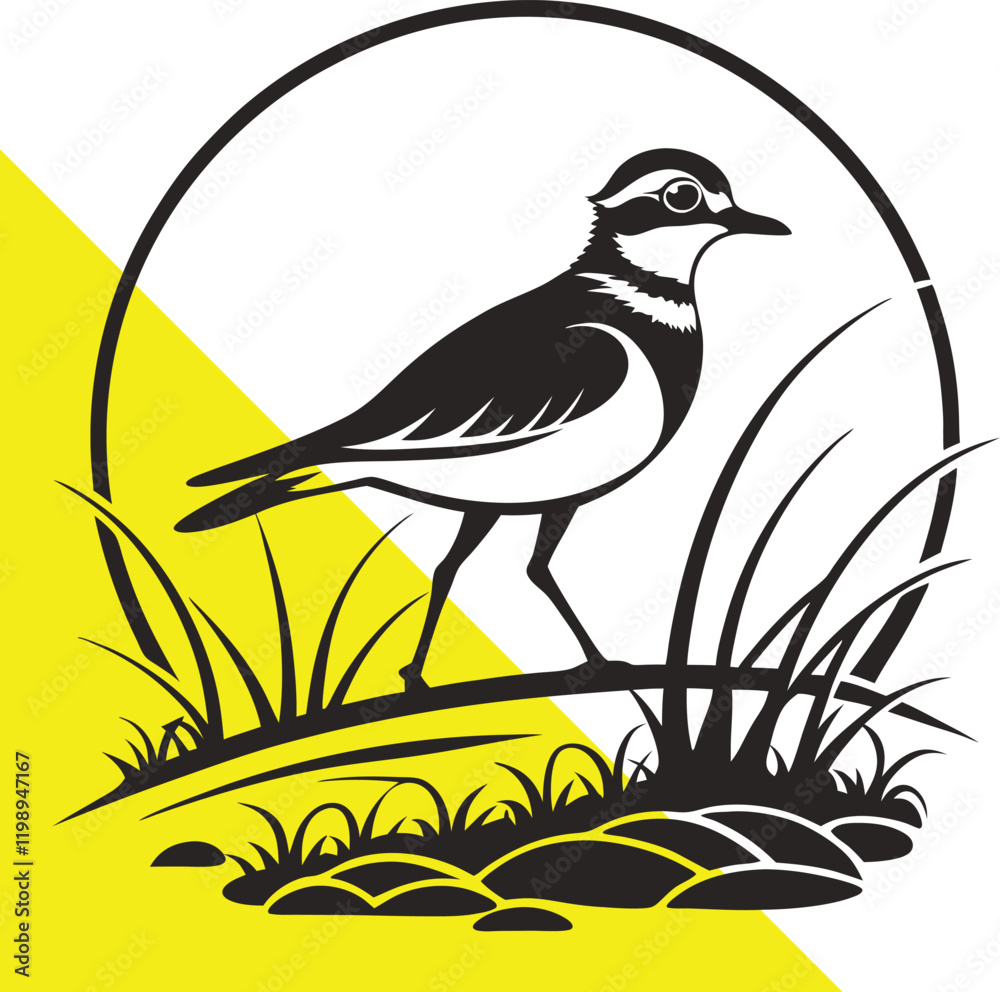 Fototapeta premium Stylized killdeer Bird Illustration - Stylized Silhouette of a Bird Walking on a Natural Landscape with Grass and Rocks