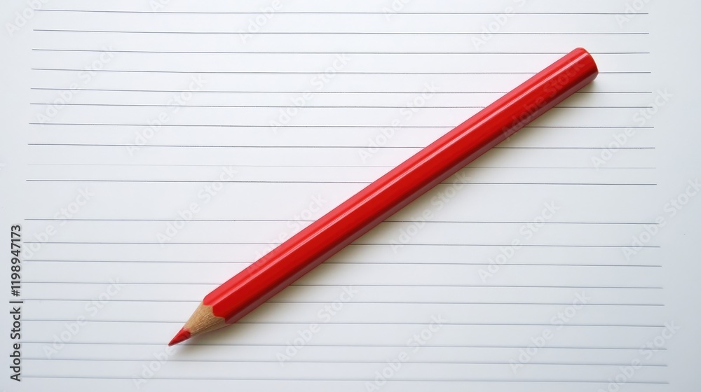 Red colored pencil resting diagonally on a blank lined notebook page with copy space for text insertion Red colored pencil resting diagonally on a blank lined notebook page with copy space for text insertion