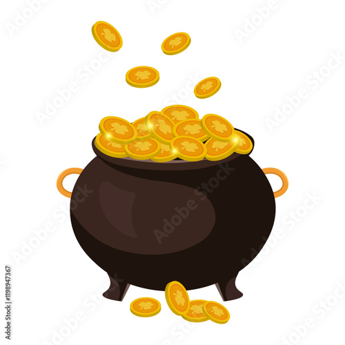 Black Pot of Gold Coins with Shamrock Clover Leaf Vector Illustration - Perfect for St. Patrick's Day Designs, Isolated on White Background