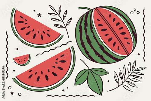 Watercolor illustration of watermelons, vibrant red and green colors, botanical fruit study, postage stamp design, minimalist composition, white background, melon slices, watermelon seeds, fresh summe