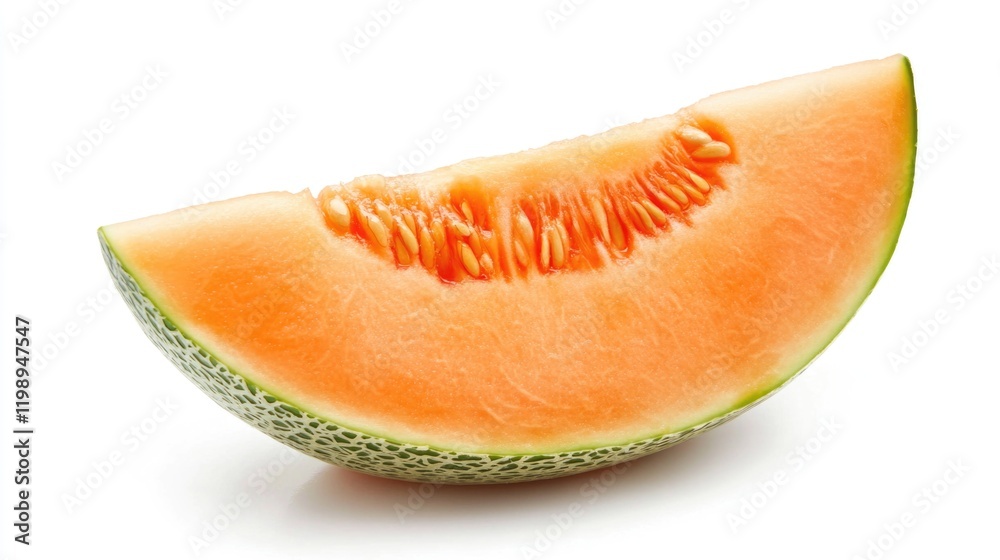 Fresh cantaloupe melon slice with vibrant orange flesh and green rind on white background Copy Space Fresh cantaloupe melon slice with vibrant orange flesh and green rind on white background Copy Space
