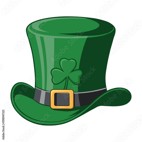 Leprechaun Top Hat with Green Shamrock Clover Leaf, St Patricks Day Hat Vector illustration Clipart, Isolated on White Background