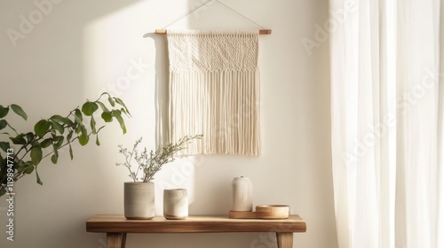 Home interior with macrame wall hanging, wooden table, potted plants, and natural light from window, featuring copy space for text.