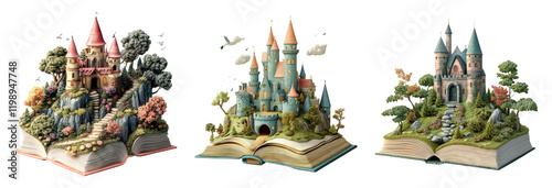 Fantasy Castle Scenes Emerging from Open Storybook Pages
