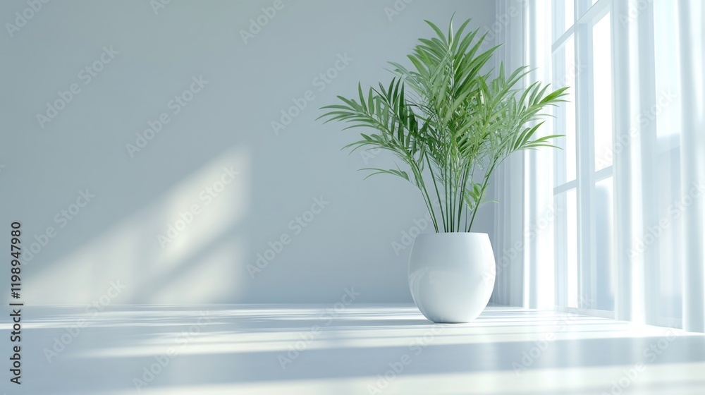Indoor potted plant in white vase with natural light from large windows minimalist interior with ample copy space Indoor potted plant in white vase with natural light from large windows minimalist interior with ample copy space