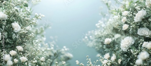 Lush garden scene featuring delicate white flowers blossoming under a serene bright blue sky with soft bokeh background ideal for text placement