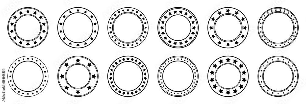 Stars of various sizes arranged in a circle. Round frame, border. Black star shape, simple symbol. Vintage logo, logotype design element, ornament. Vector illustration Stars of various sizes arranged in a circle. Round frame, border. Black star shape, simple symbol. Vintage logo, logotype design element, ornament. Vector illustration