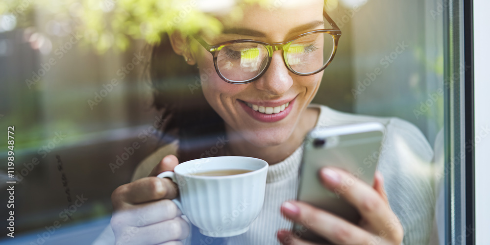 Serene Morning Moments: Woman Enjoying Tea and Phone. A woman with glasses, bathed in natural light, smiles contentedly while holding a cup of tea and browsing on her smartphone. Serene Morning Moments: Woman Enjoying Tea and Phone. A woman with glasses, bathed in natural light, smiles contentedly while holding a cup of tea and browsing on her smartphone.