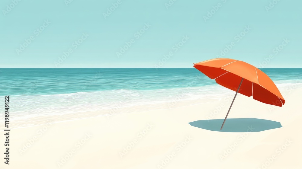 Minimalist beach scene with orange umbrella on sandy shore and calm ocean in background with clear blue sky and Copy Space for text. Minimalist beach scene with orange umbrella on sandy shore and calm ocean in background with clear blue sky and Copy Space for text.