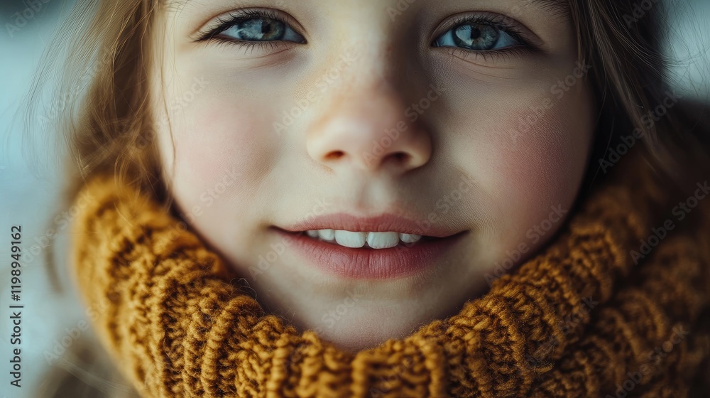 Close-up of child with healthy smile and bright blue eyes wrapped in cozy orange scarf against softly blurred winter background with space for text. Close-up of child with healthy smile and bright blue eyes wrapped in cozy orange scarf against softly blurred winter background with space for text.