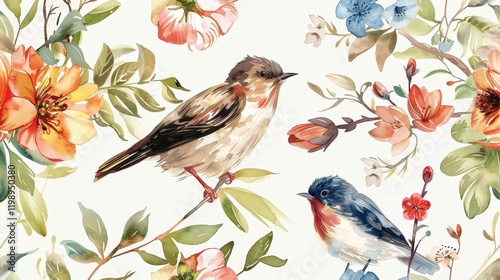 Beautiful watercolor paintings of birds and flowers on a light background in natural botanical style