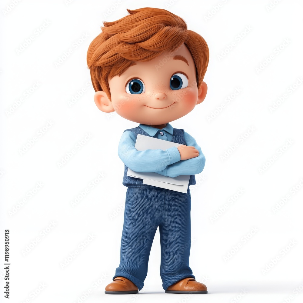 Cheerful Cartoon Boy Smiling with Documents Cheerful Cartoon Boy Smiling with Documents