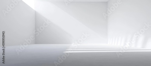 Minimalist White Room with Soft Light Beams Casting Shadows and Blank Space for Planning Charts and Text Elements