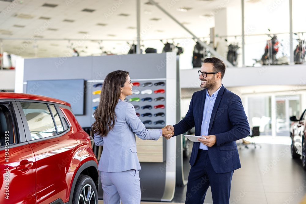 Smiling salesman or manager giving car keys and shakes hand to modern happy woman new car owner in car dealership Smiling salesman or manager giving car keys and shakes hand to modern happy woman new car owner in car dealership