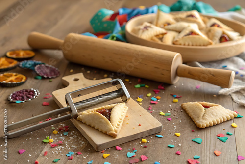 Purim festive hamantaschen and gragger arrangement for celebratory design. photo