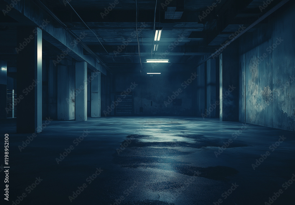 Mysterious Dark Blue Background with Atmospheric Concrete Floor and Walls for an Immersive and Moody Design Aesthetic